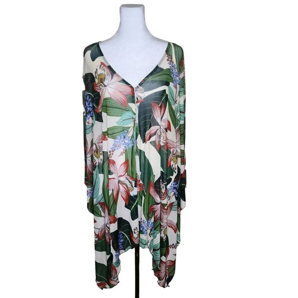 Cha Cha Vente Swim Cover Up Oversized Top Womens Size XL Green Red Tropical